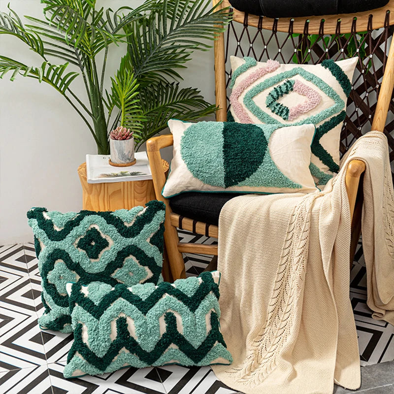 Lake Green Handmade Geometric Embroidery Cushion Case Tassels Home Decor Pillow Case 45x45cm PillowCase Pillow Sham