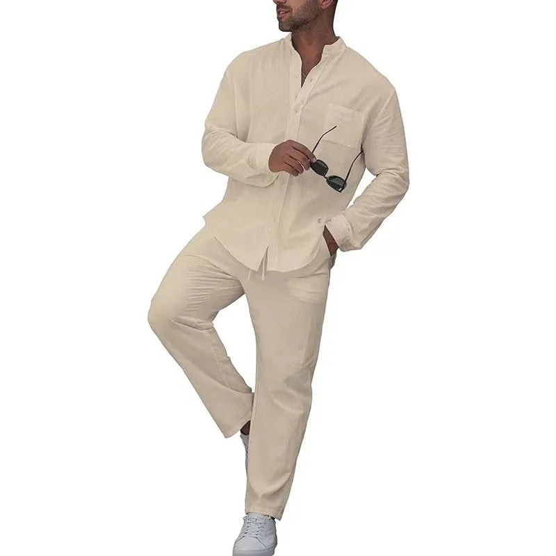 Casual Tracksuit Man Fashion Solid Long Sleeve Button Shirt Tops and Drawstring Pants Set Loose Two Piece Beach Outfit Men