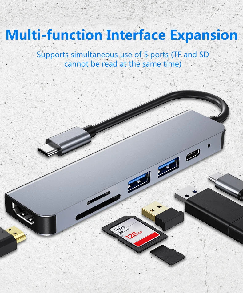 6-in-1 USB C Docking Station Hub OTG Adapter Splitter USB 3.0 Multiport Adapter for  Charging Data for Laptop HDTV SD/Micro Card