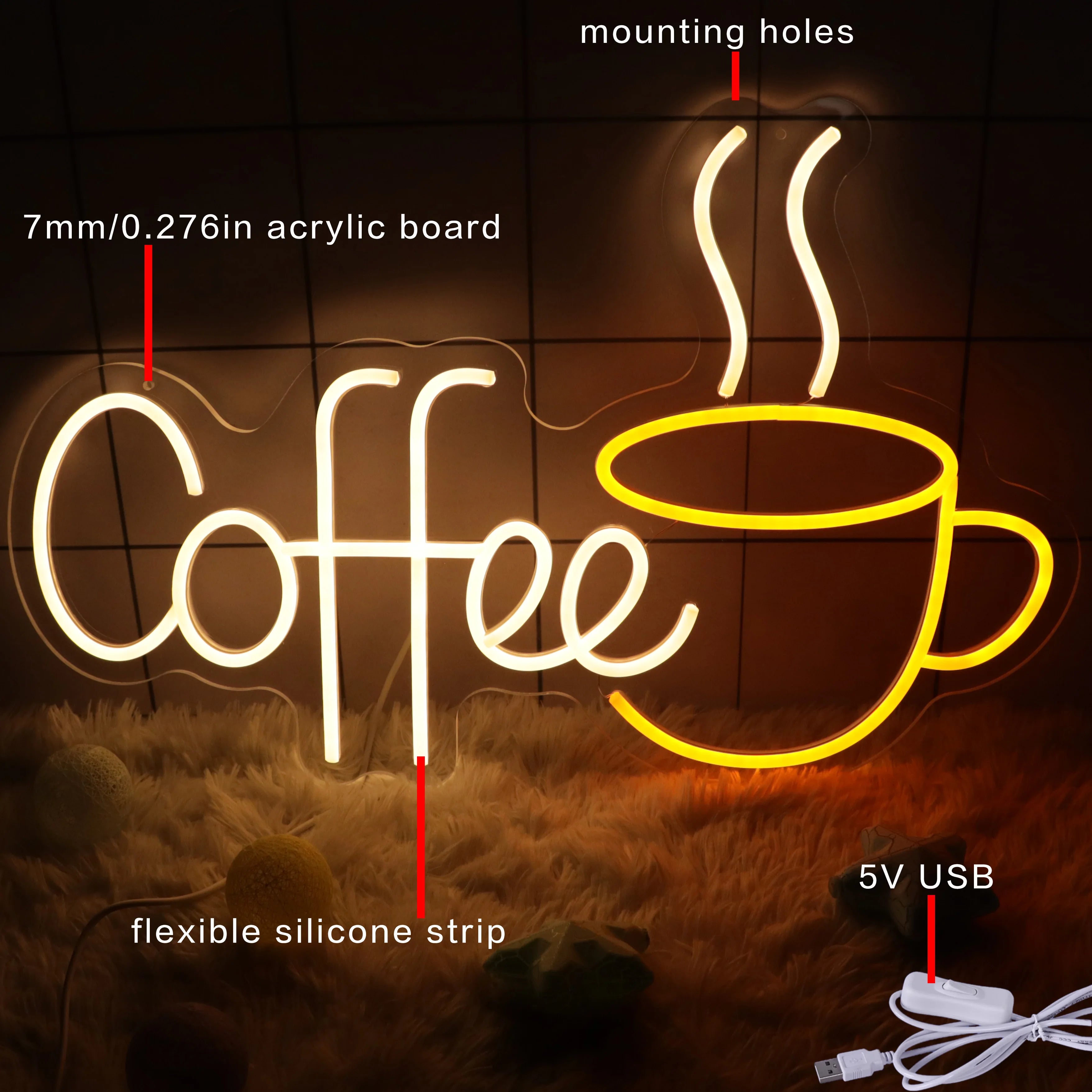 5V USB Powered Coffee Neon Sign Cafe Shop Neon Light Coffee LED Acrylic Board Advertising Neon Sign