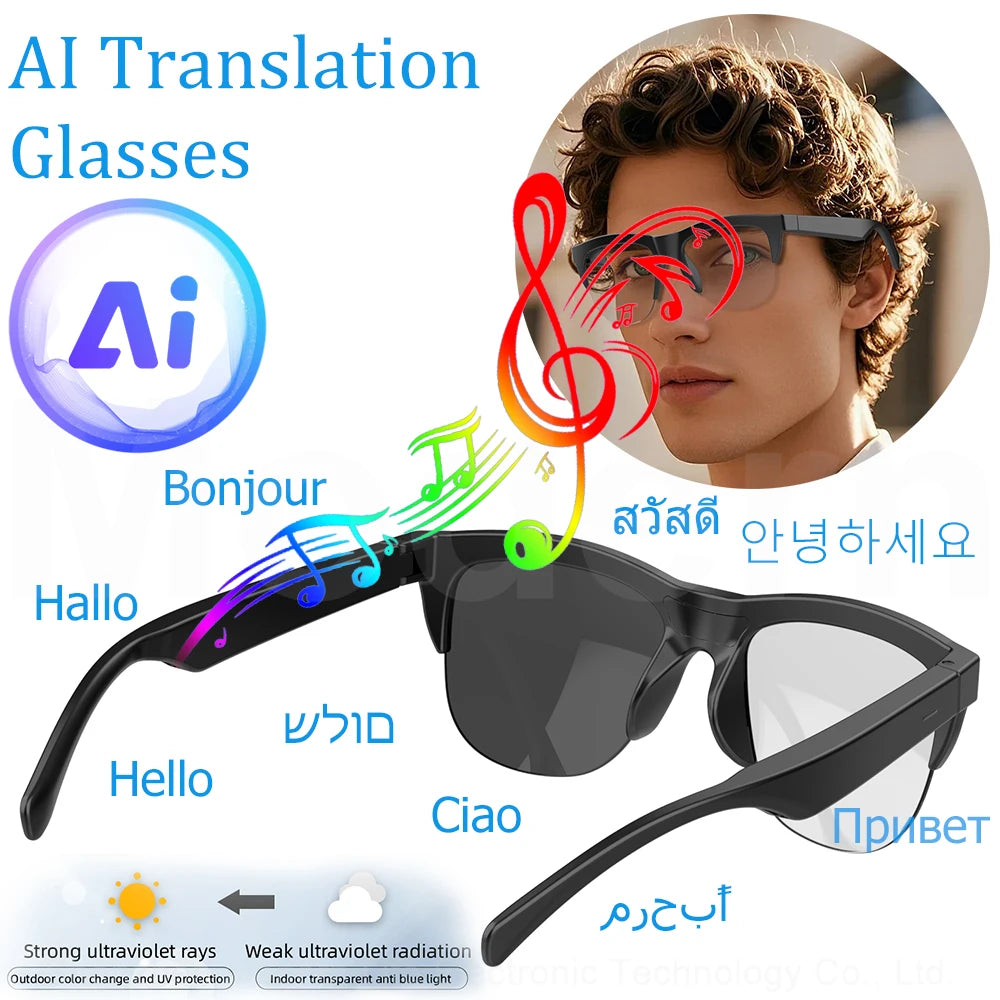 F02 Photosensitive Color-Changing Music Playback Glasses, Popular AI Translation Glasses with Meeting Recording Function