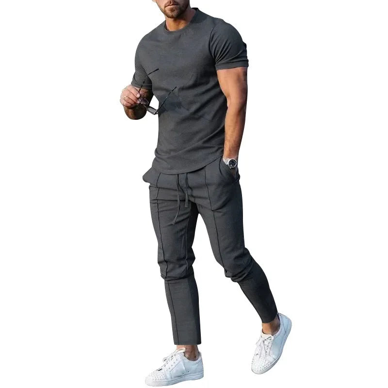 Sports Suit Men's Solid Color Casual Round Neck Short Sleeved Sports T-shirt+pocket Pants Two-piece Set Streetwear - Free Item Weekend (50% off).