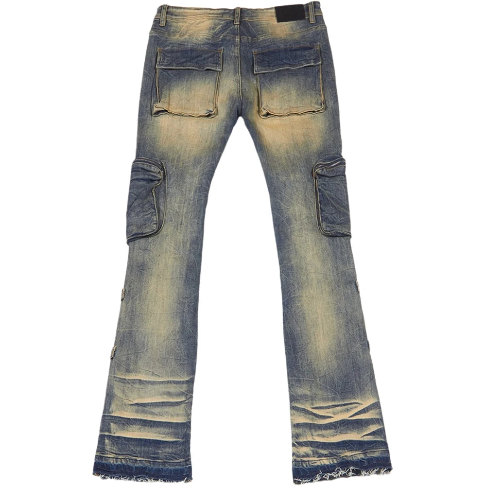 Wangsheng Custom Wholesale Multi-Pocket Flare Cargo Pants Streetwear Practical Denim 6-Pocket Mid Rise Hole Washed Men's Pants