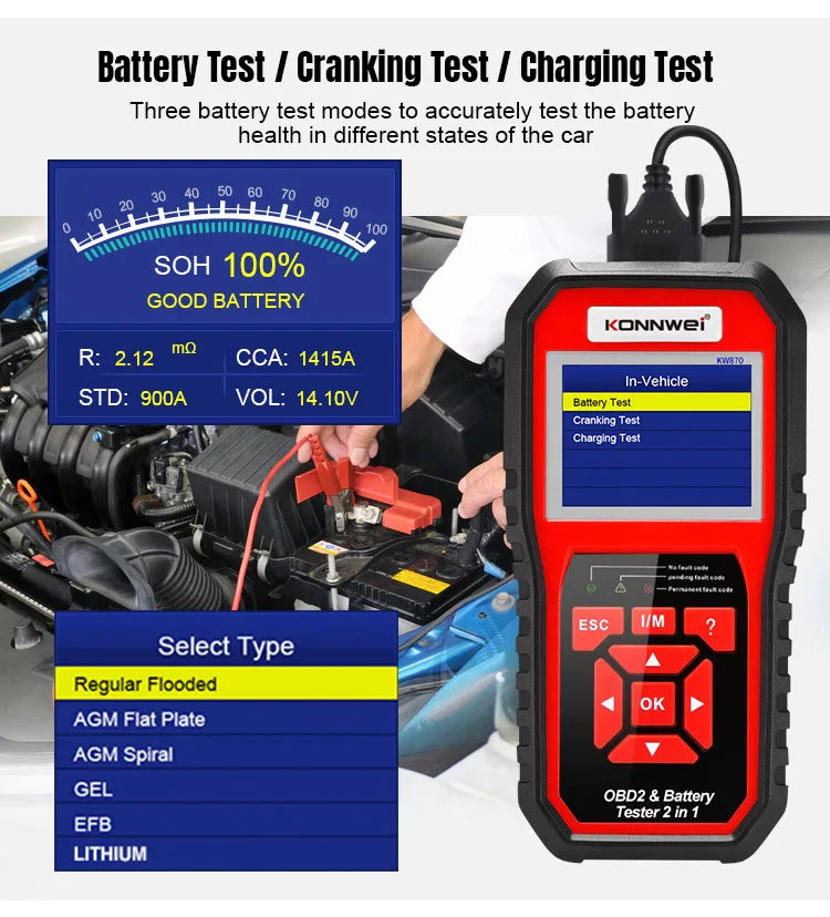 Konnwei KW850 Plus New Verson OBD2 EOBD  Escaner Automotriz Diagnostic Tool with Battery Tester for All Car