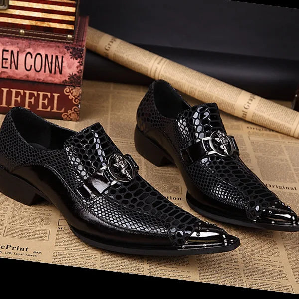 Men's Formal Leather Flats for Weddings Proms Black Metal Pointed Toe Slip-On Closure Height Increasing Party Dress Shoes