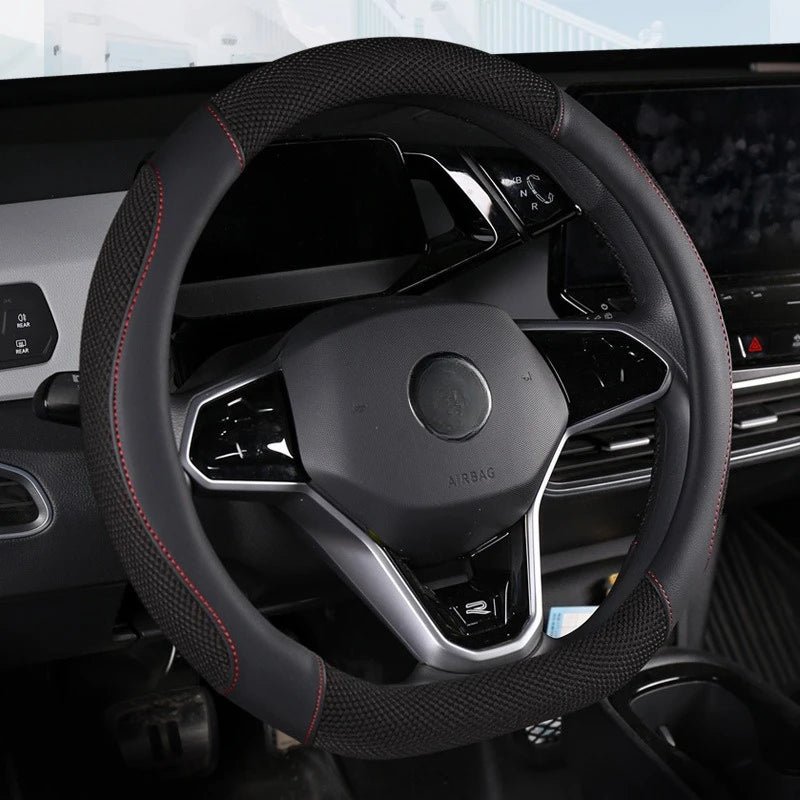 Universal Car Steering Wheel Cover Metal Strip Anti Slip Pattern Faux Leather Covers for 38cm Diameter Auto Steering Wheel