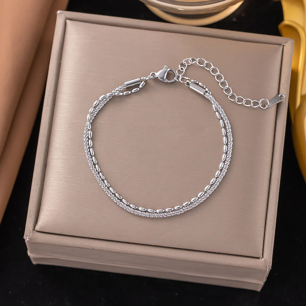 Cross Border New Double Layered Bracelet Delicate Rice Beaded Bracelet Accessories Versatile High End Jewelry for Women 18k Gold