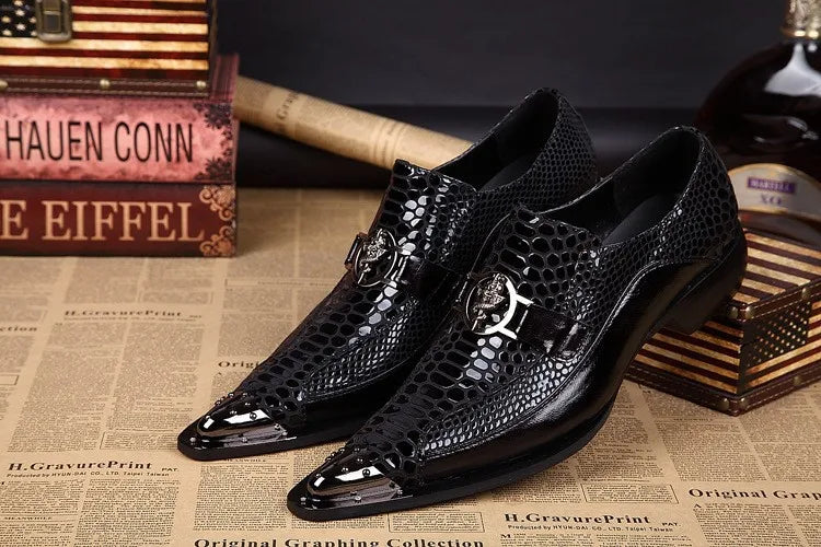 Men's Formal Leather Flats for Weddings Proms Black Metal Pointed Toe Slip-On Closure Height Increasing Party Dress Shoes