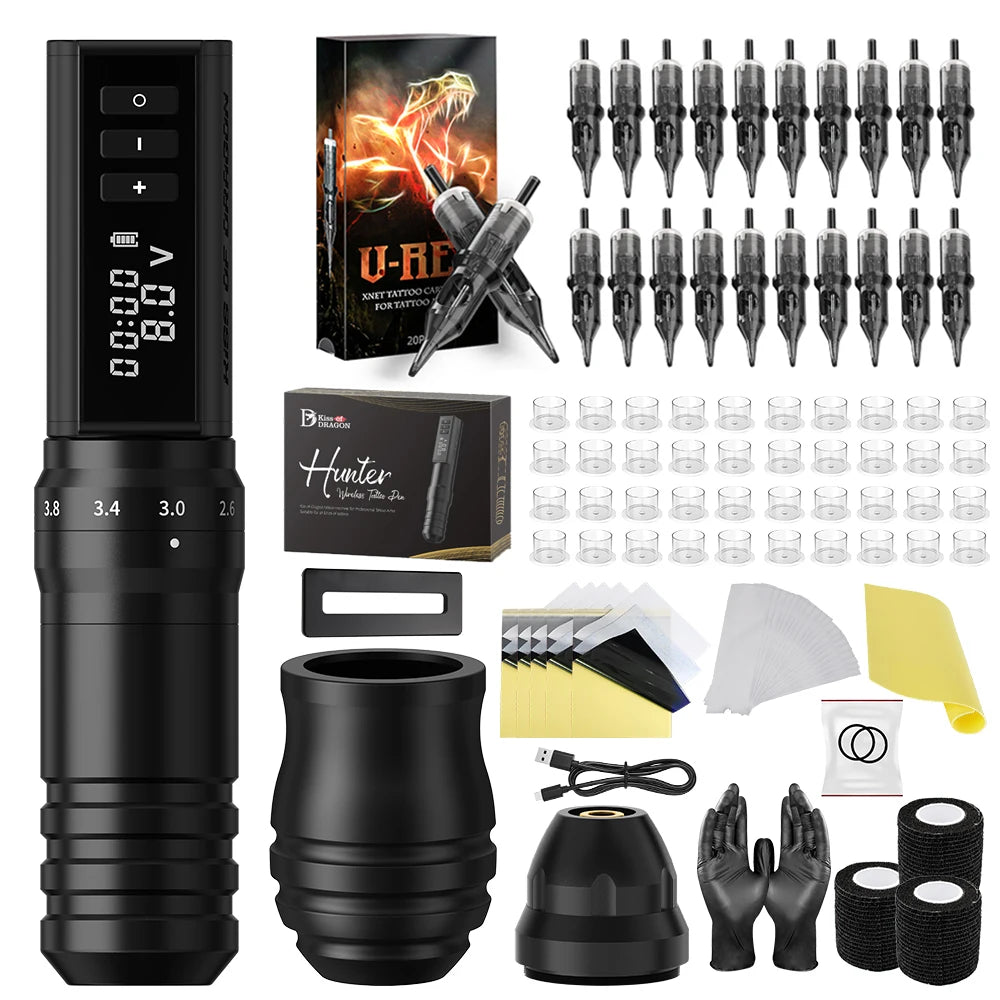 XNET 2.2-4.2mm Adjustable Stroke Professional Tattoo Gun Set Wireless Tattoo Pen Machine Complete Full Kit Set for Artists