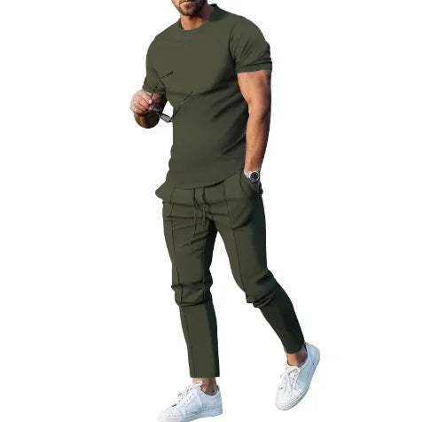 Sports Suit Men's Solid Color Casual Round Neck Short Sleeved Sports T-shirt+pocket Pants Two-piece Set Streetwear - Free Item Weekend (50% off).
