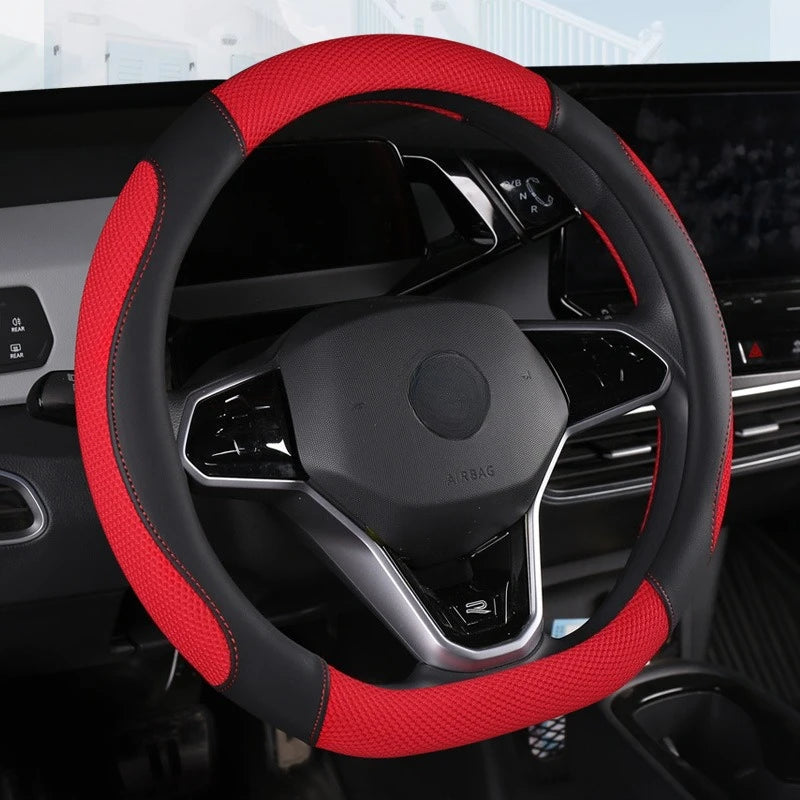 Universal Car Steering Wheel Cover Metal Strip Anti Slip Pattern Faux Leather Covers for 38cm Diameter Auto Steering Wheel