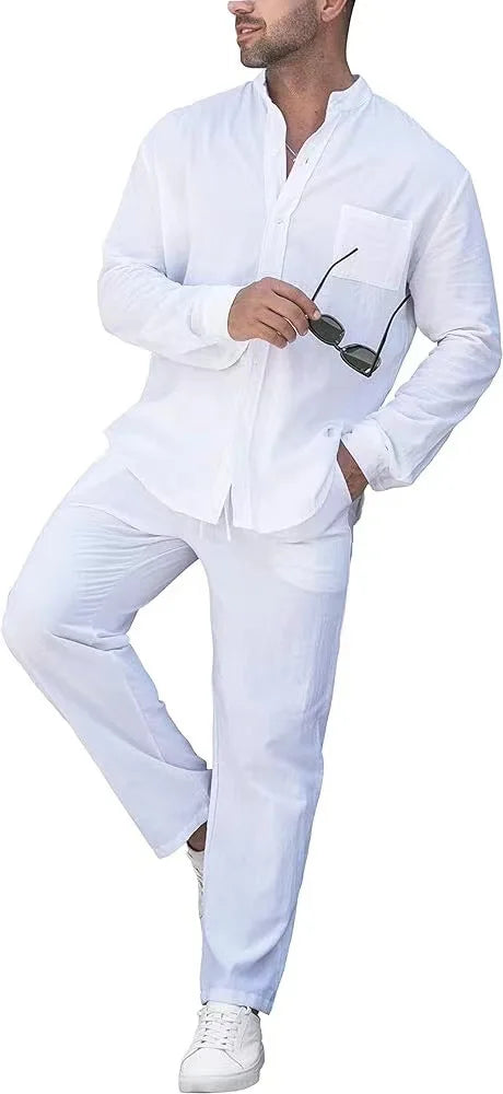 Casual Tracksuit Man Fashion Solid Long Sleeve Button Shirt Tops and Drawstring Pants Set Loose Two Piece Beach Outfit Men