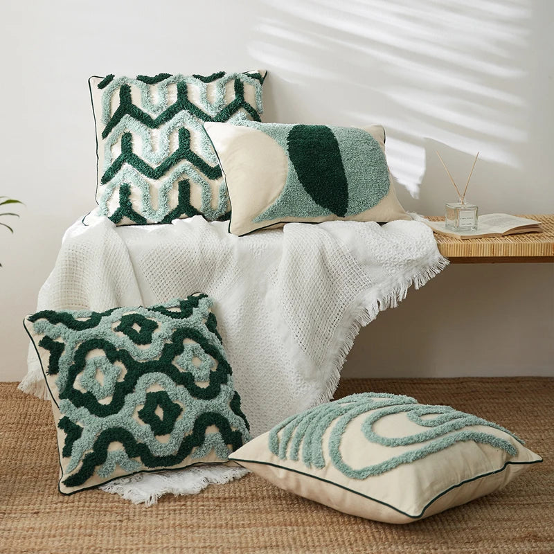 Lake Green Handmade Geometric Embroidery Cushion Case Tassels Home Decor Pillow Case 45x45cm PillowCase Pillow Sham