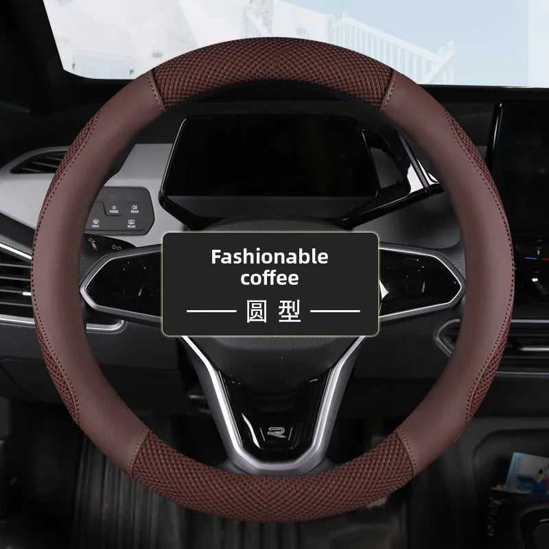 Universal Car Steering Wheel Cover Metal Strip Anti Slip Pattern Faux Leather Covers for 38cm Diameter Auto Steering Wheel