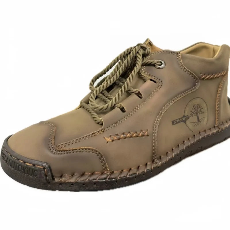 Men's Retro Lace-up Short High Top Boots Autumn Leather Flat Bottom Casual Shoes Plus Size Board Shoes