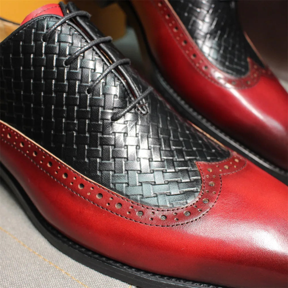 Men's Classic Oxford Leather Shoes Red Black Woven Pattern Embossed Business Dress Shoes Lace-Up Closure PVC Insole Cross-Border