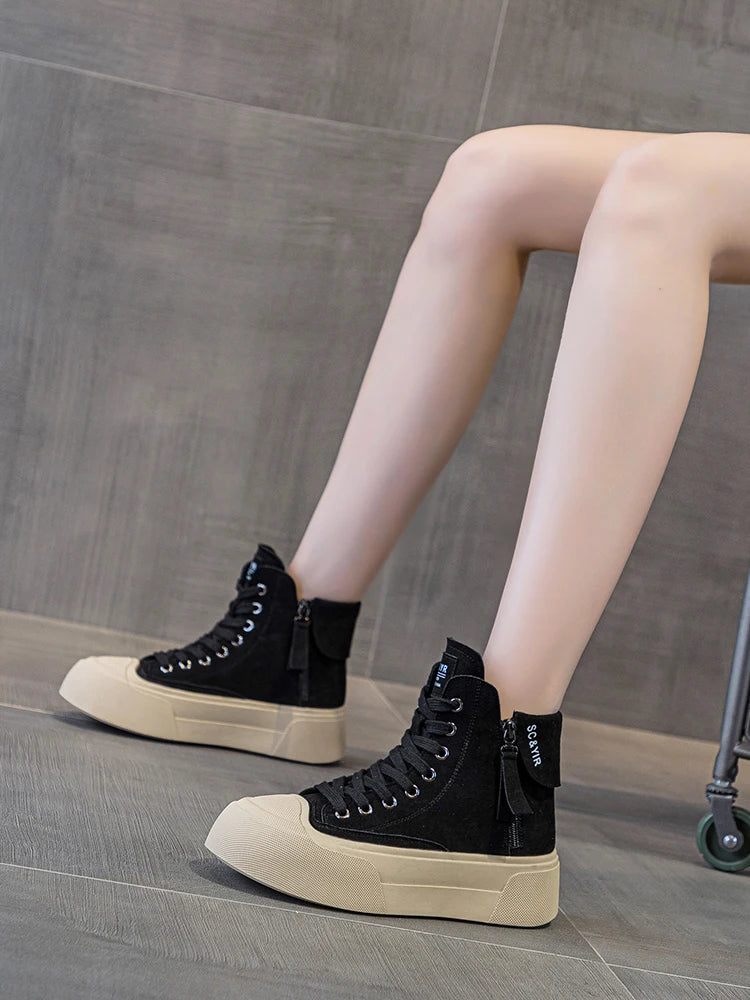 spot Autumn New Creative Lace-up Casual High-Top Sneakers Women Thick-Soled Breathable Lightweight Height Increasing Versatile