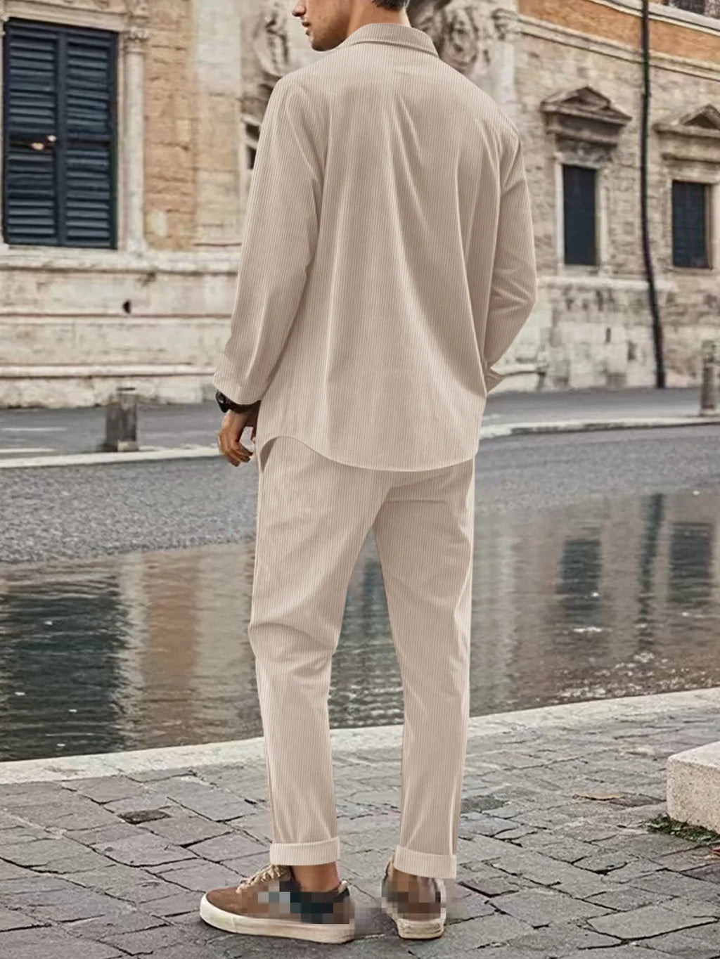 Fashion Men's 2-Piece Suit Casual Button Down Cardigan Long Sleeve and Long Pants Spring Autumn Suit