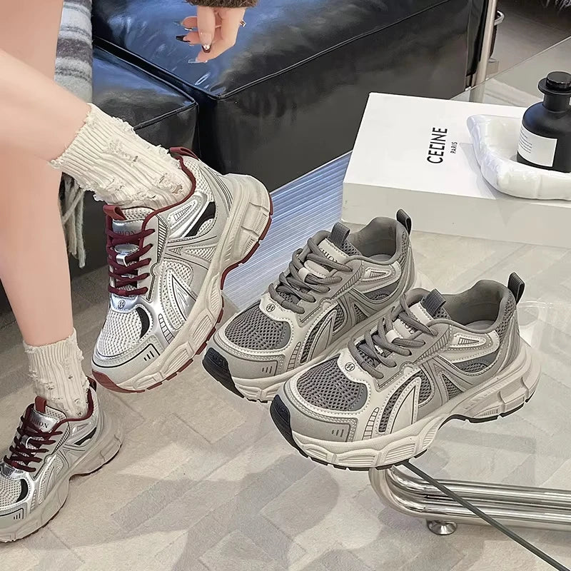Fashion Women's Lace-Up Lightweight Mesh Platform Sneakers Breathable Casual Walking Style Shoes Autumn Anti-Slip Solid Design