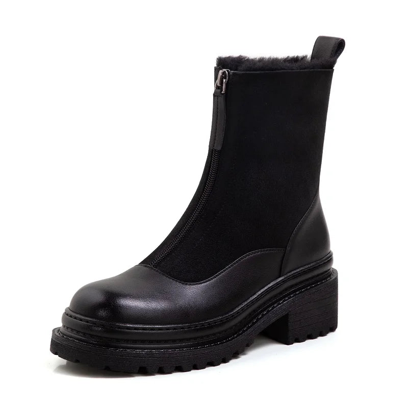 MEZEREON Snow Boots Cow Leather Women Winter Shoes Warm Plush Inside Snow Boots With Zippers 4.5 CM Med Heel Outdoor Botas Mujer