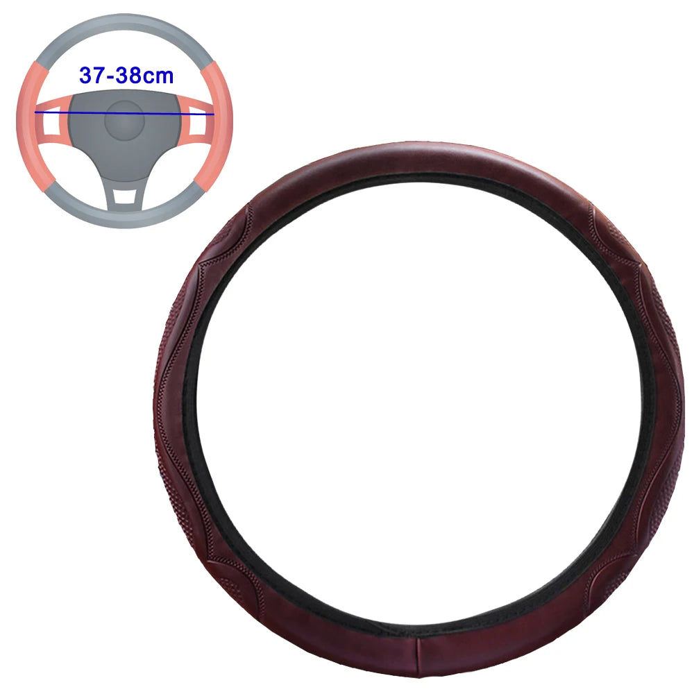 38cm Wine Red Car Steering Wheel Cover Soft Leather Breathable Anti-slip Cover Universal Soft Fibe Leather Steering Accessories