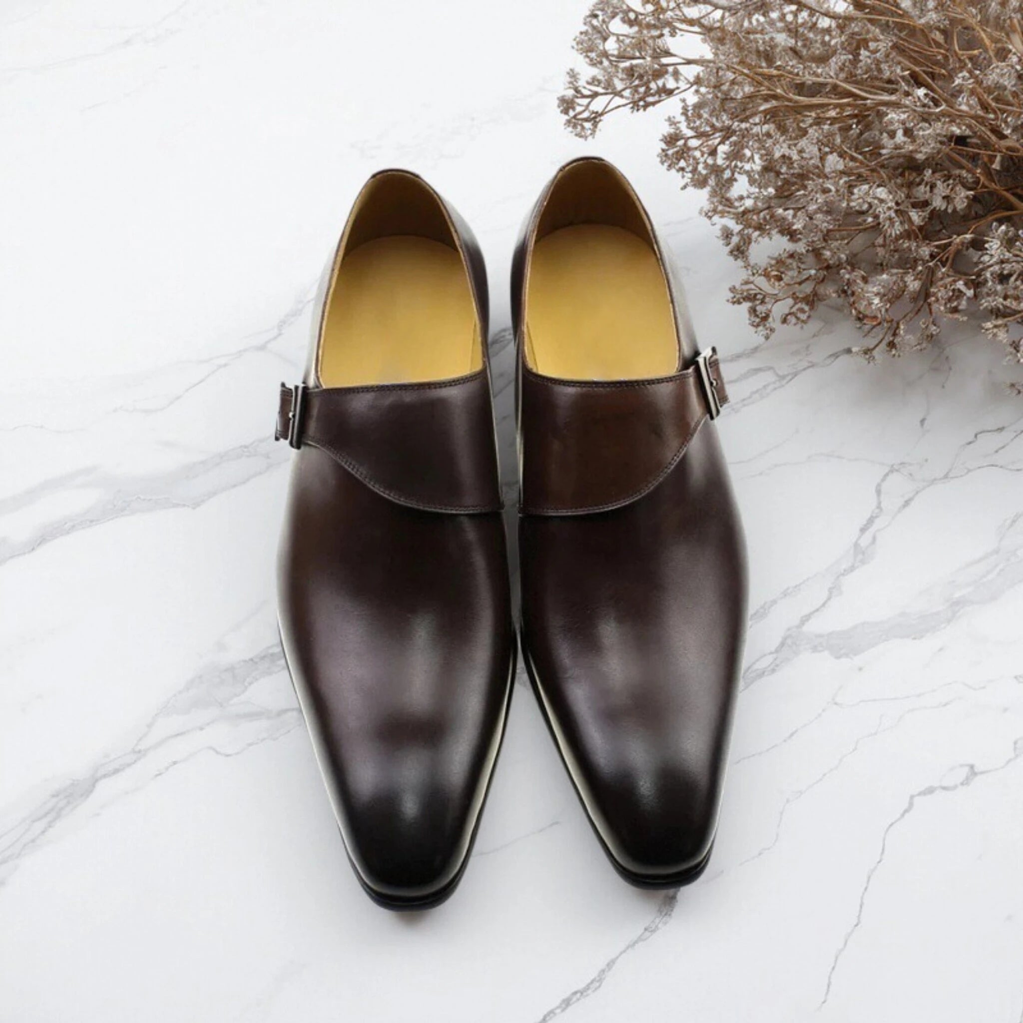 Men's Formal Monk Strap Genuine Leather Pointed Toe Flat Comfort Shoes-Office & Career All Seasons