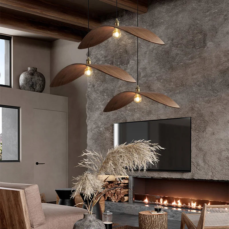 Wabi-sabi Style Zen Restaurant Chandelier Japanese Style, Living Room bar Island, B&B Walnut-colored Solid Wood Chandelier.