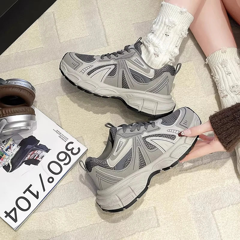 Fashion Women's Lace-Up Lightweight Mesh Platform Sneakers Breathable Casual Walking Style Shoes Autumn Anti-Slip Solid Design