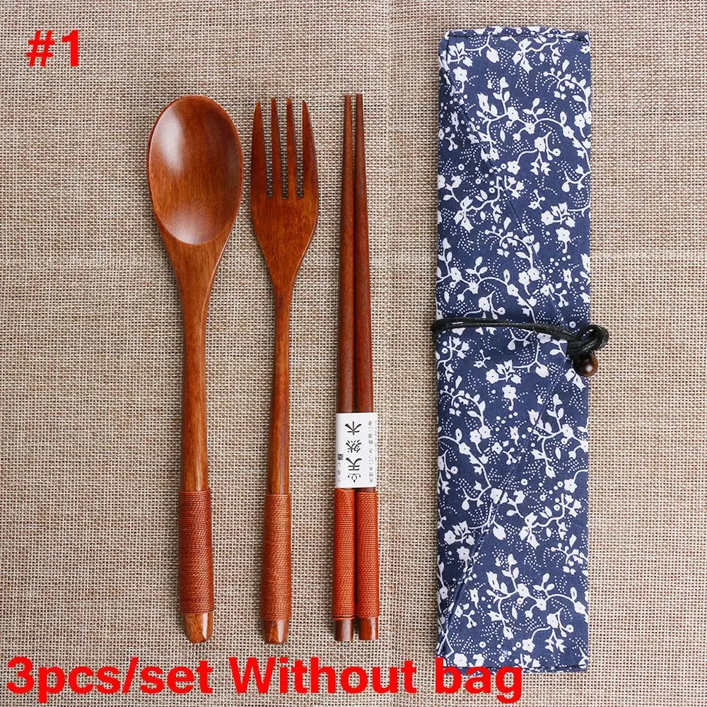 Kitchen Cutlery Set Portable Spoon Fork Chopsticks Natural Cloth Bag Wooden