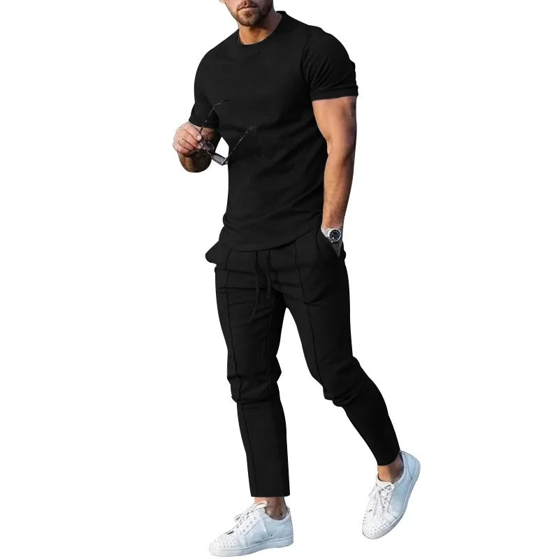 Sports Suit Men's Solid Color Casual Round Neck Short Sleeved Sports T-shirt+pocket Pants Two-piece Set Streetwear - Free Item Weekend (50% off).
