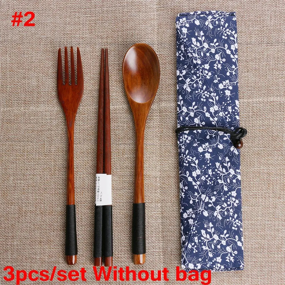 Kitchen Cutlery Set Portable Spoon Fork Chopsticks Natural Cloth Bag Wooden