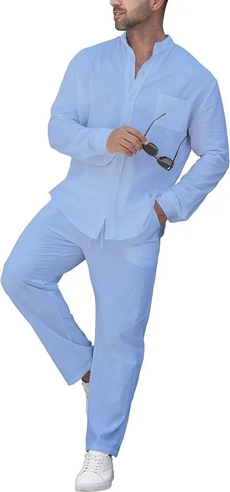 Casual Tracksuit Man Fashion Solid Long Sleeve Button Shirt Tops and Drawstring Pants Set Loose Two Piece Beach Outfit Men