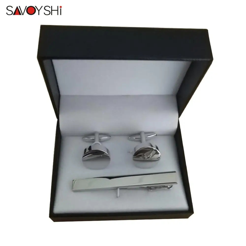 SAVOYSHI Free Engraving Name Cufflinks Tie Clip Set For Mens Special Gift High Quality Silver Color Cuff links Tie Bone Pin Bars
