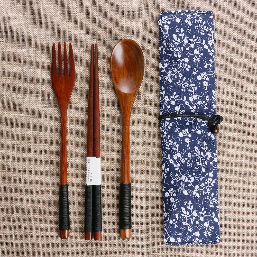 Kitchen Cutlery Set Portable Spoon Fork Chopsticks Natural Cloth Bag Wooden