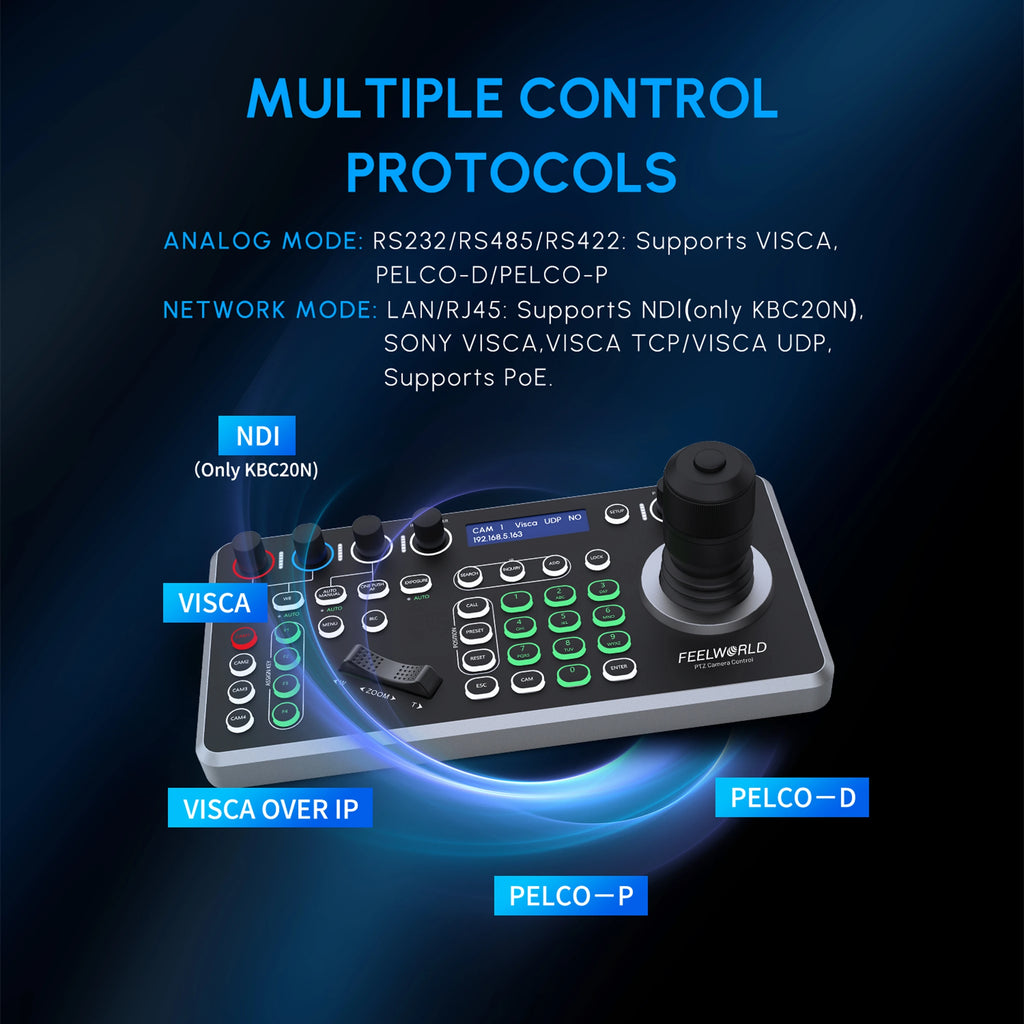FEELWORLD KBC20N PTZ Camera Controller Joystick Multi-Protocol Control Keyboard PoE Supported OEM/ODM Service for Live Streaming