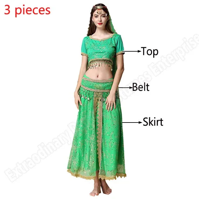 Sari For Women Indian Clothes Sari Bollywood Dress Belly Dance Costume Suit Women Chiffon 5pcs (Headpieces Veil Top Belt Skirt)