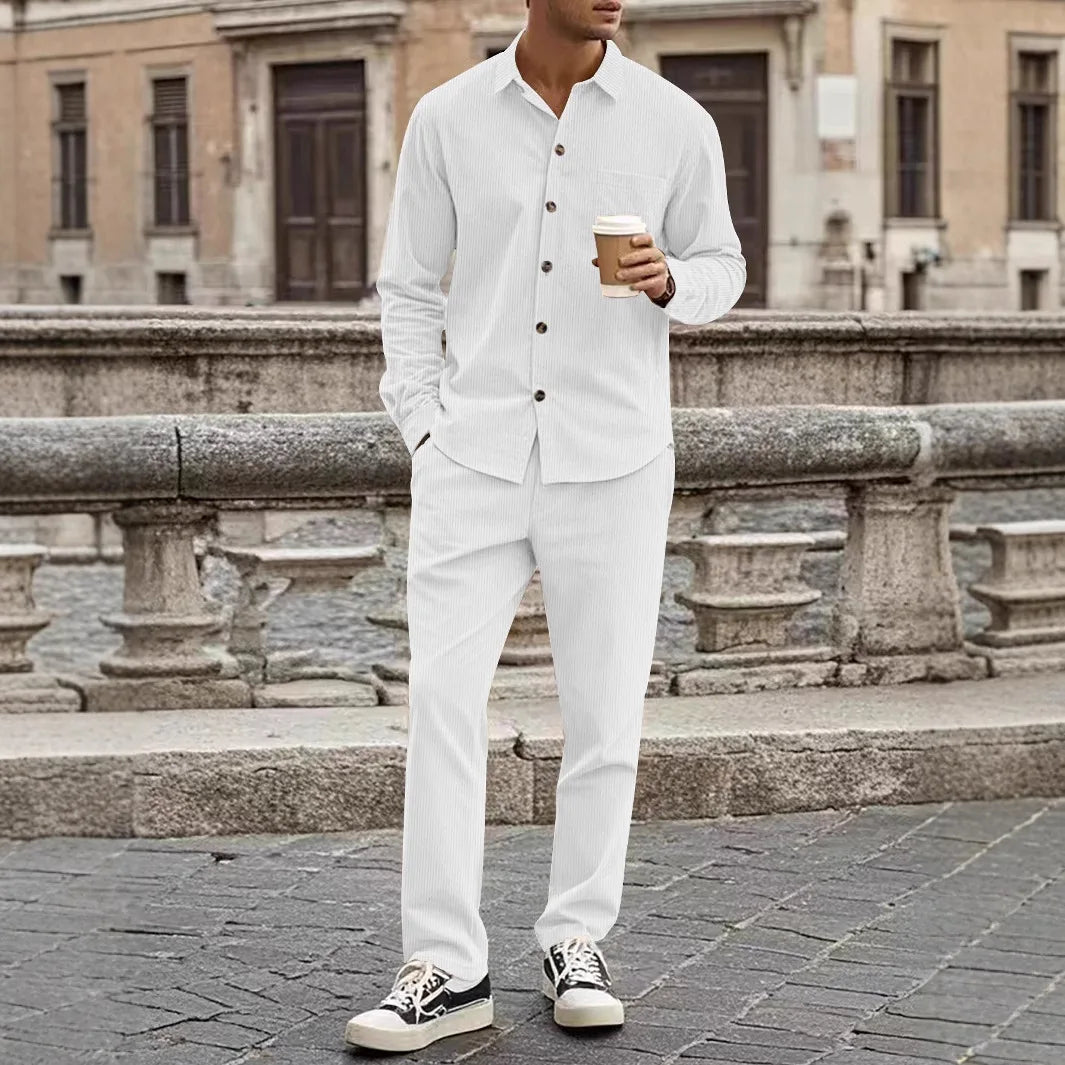 Fashion Men's 2-Piece Suit Casual Button Down Cardigan Long Sleeve and Long Pants Spring Autumn Suit