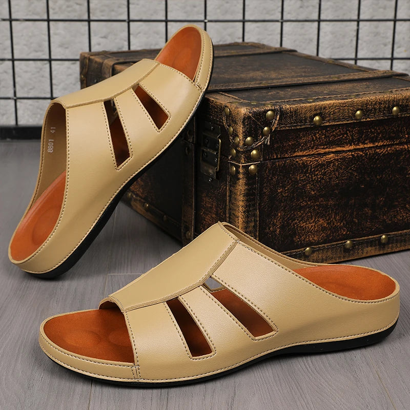 New Models High Quality Dubai Men slippers Leather Slip-on Real Cow Slide Sandals Big Size 46 Hot Sale Small Quantity Brand