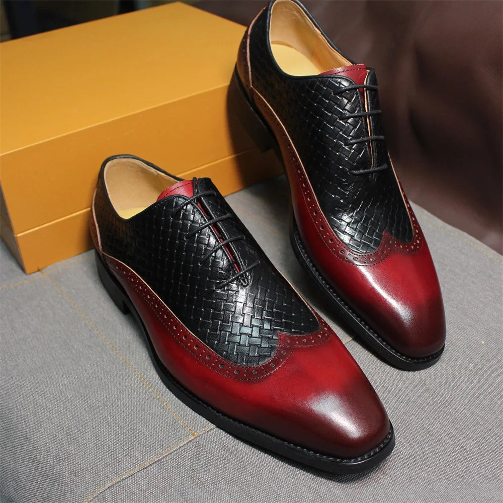 Men's Classic Oxford Leather Shoes Red Black Woven Pattern Embossed Business Dress Shoes Lace-Up Closure PVC Insole Cross-Border