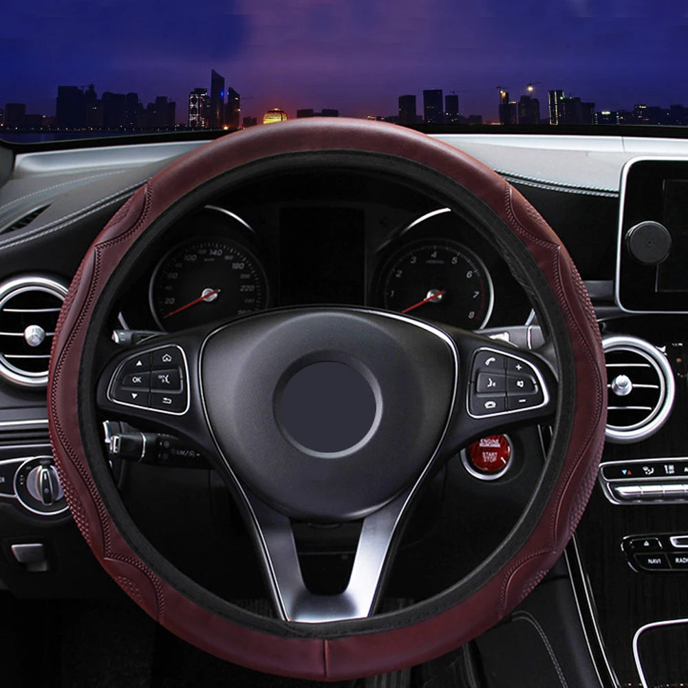 38cm Wine Red Car Steering Wheel Cover Soft Leather Breathable Anti-slip Cover Universal Soft Fibe Leather Steering Accessories