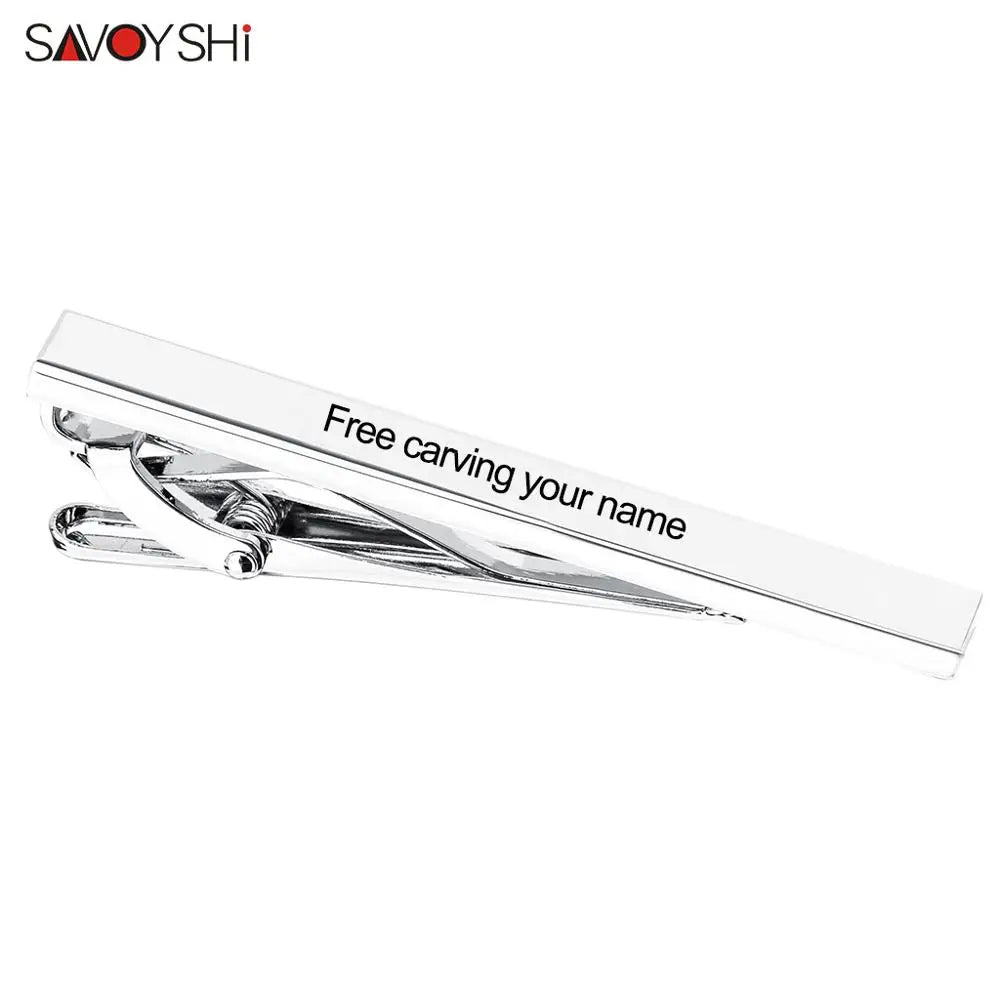SAVOYSHI Free Engraving Name Cufflinks Tie Clip Set For Mens Special Gift High Quality Silver Color Cuff links Tie Bone Pin Bars