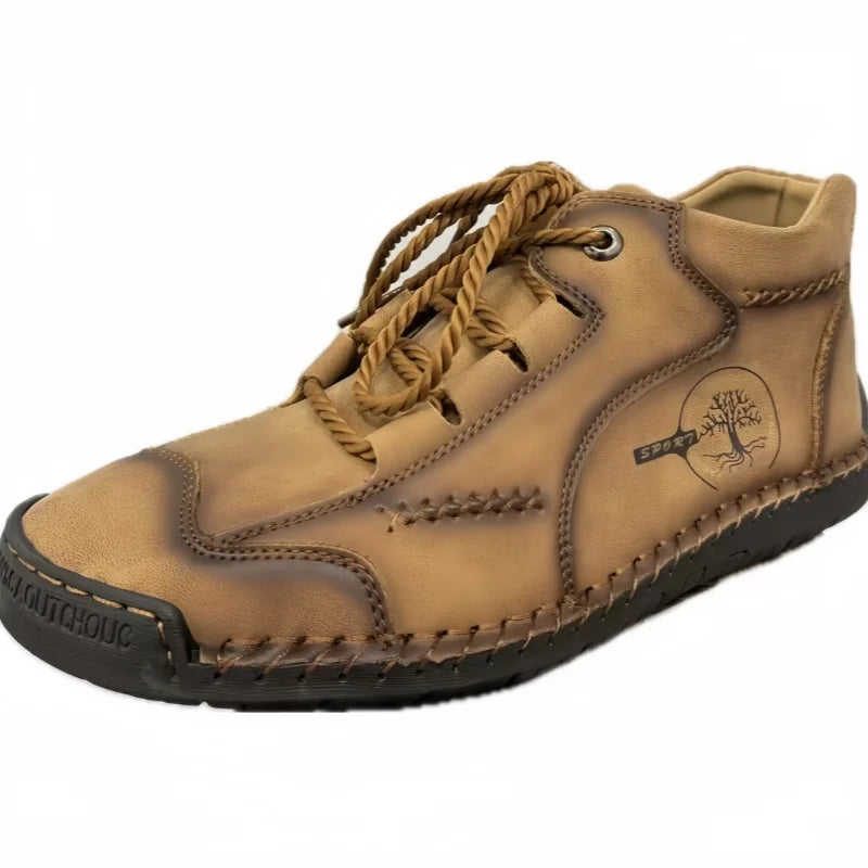 Men's Retro Lace-up Short High Top Boots Autumn Leather Flat Bottom Casual Shoes Plus Size Board Shoes