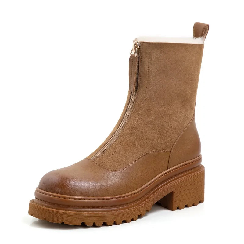 MEZEREON Snow Boots Cow Leather Women Winter Shoes Warm Plush Inside Snow Boots With Zippers 4.5 CM Med Heel Outdoor Botas Mujer