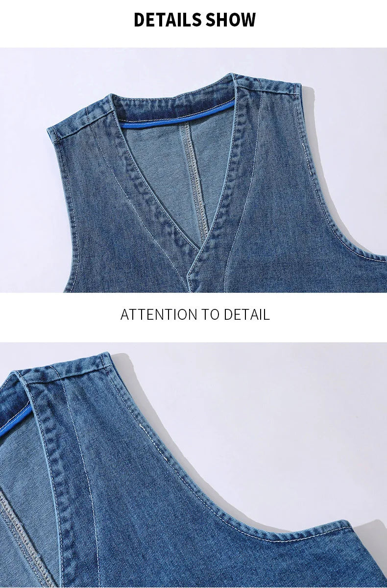 Denim Vest Men's Jacket Spring Autumn Jeans Jacket V-neck Design Korean Vest Loose Casual Fashion All-match Style Male Clothing