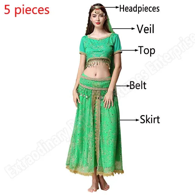 Sari For Women Indian Clothes Sari Bollywood Dress Belly Dance Costume Suit Women Chiffon 5pcs (Headpieces Veil Top Belt Skirt)