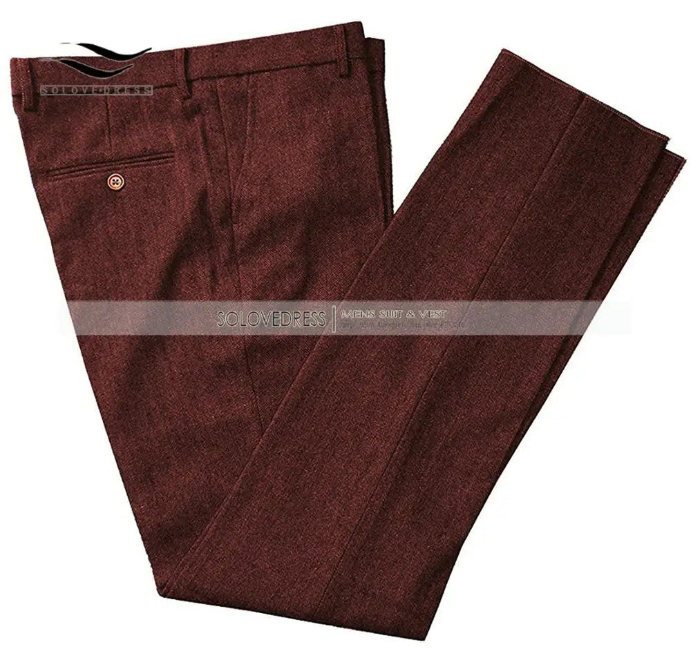 Classic mens pants Tweed Herringbone pants men dress pants Casual suit Trousers for wedding party Tailored Fit Brown Pants