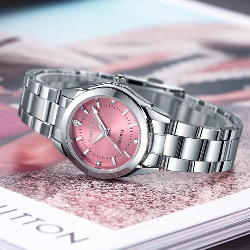 CHRONOS Stainless Steel Fashion Women's Wristwatch Luxury Waterproof Ladies Watch Business Rhinestone Watches For Female Gift