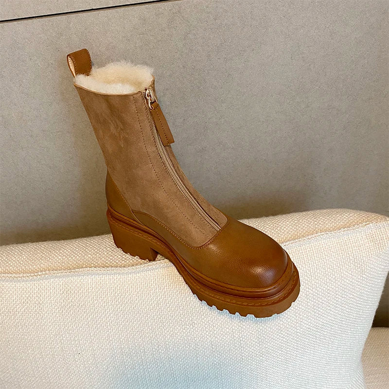 MEZEREON Snow Boots Cow Leather Women Winter Shoes Warm Plush Inside Snow Boots With Zippers 4.5 CM Med Heel Outdoor Botas Mujer