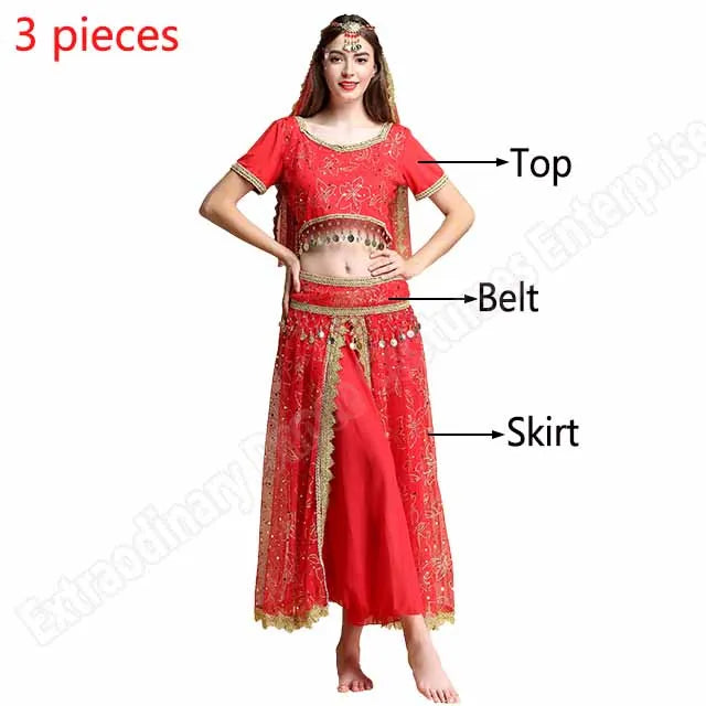 Sari For Women Indian Clothes Sari Bollywood Dress Belly Dance Costume Suit Women Chiffon 5pcs (Headpieces Veil Top Belt Skirt)