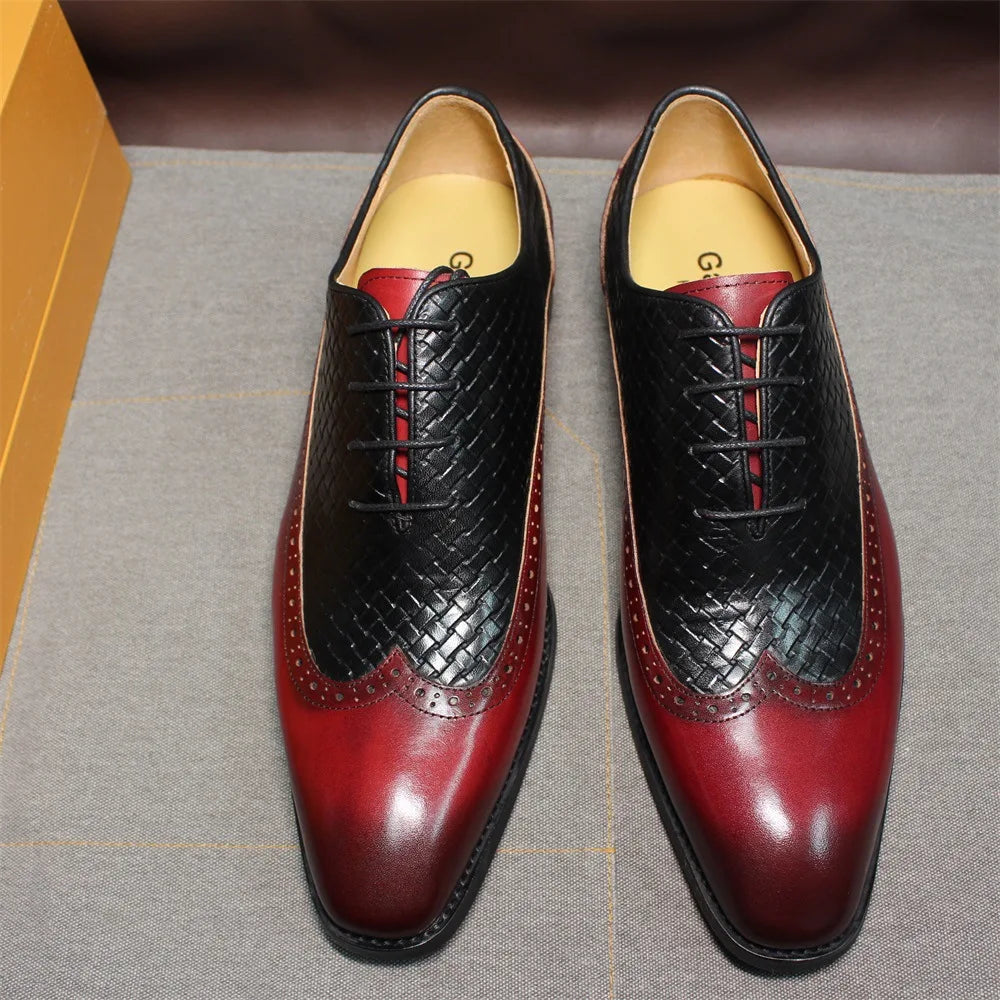 Men's Classic Oxford Leather Shoes Red Black Woven Pattern Embossed Business Dress Shoes Lace-Up Closure PVC Insole Cross-Border